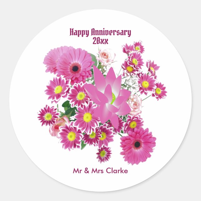 Happy Anniversary Chrysanthemum Daisy Floral Cute Classic Round Sticker (Front)