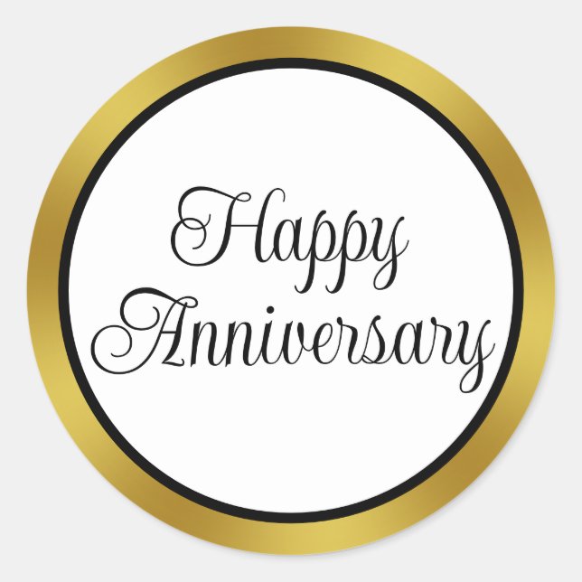 Happy Anniversary Cursive Script Black White Gold Classic Round Sticker (Front)
