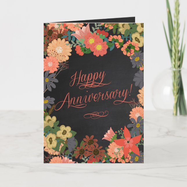 Happy Anniversary Flowers on Chalkboard Background Card (Front)