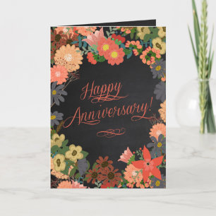 Happy Anniversary Flowers on Chalkboard Background Card
