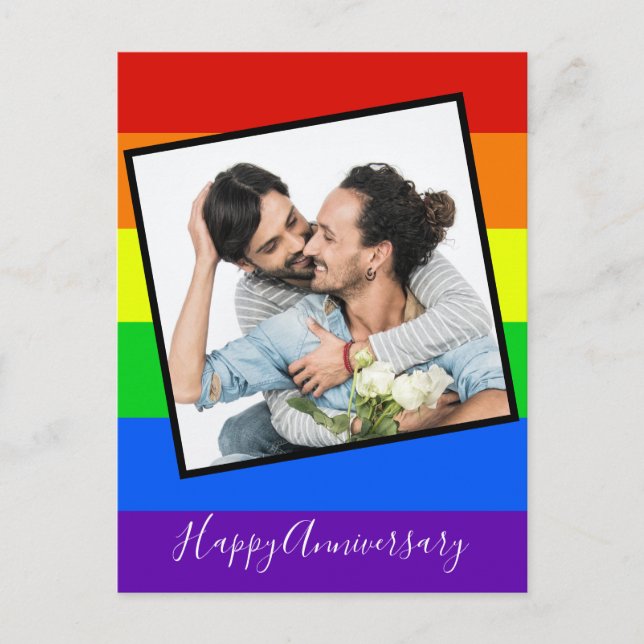Happy Anniversary Gay Couple Photo Custom Rainbow Postcard (Front)