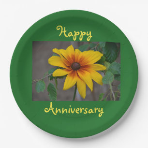 Happy Anniversary Golden Flower Paper Plate