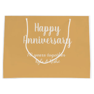 Happy anniversary golden white 10 years name date large gift bag