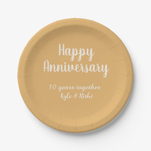 Happy anniversary golden white 10 years name date paper plate