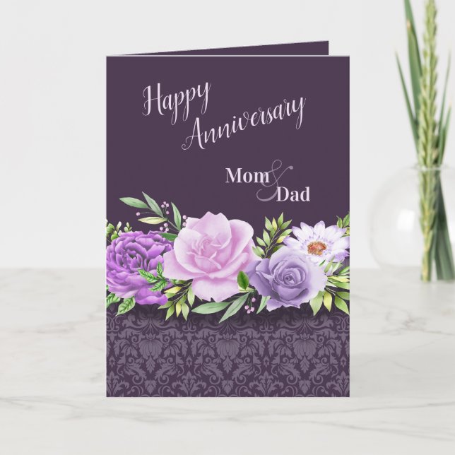 Happy Anniversary Mum and Dad Purple Roses Damask Card (Front)