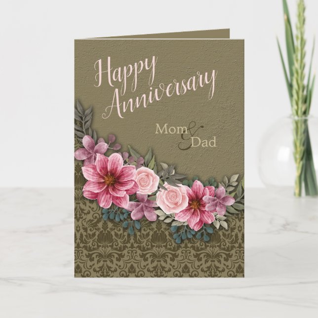 Happy Anniversary Mum Dad Red Pink on StoneDamask Card (Front)