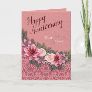 Happy Anniversary Mum Dad Red Pink onPink Damask Card