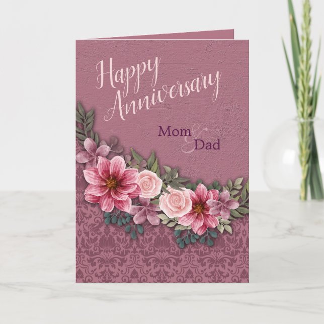 Happy Anniversary Mum Dad Red Pink Roses on Damask Card (Front)