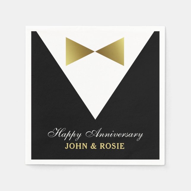 Happy Anniversary Napkins | Black and Gold Tuxedo (Front)