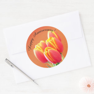 Happy Anniversary Orange Tulip Bouquet Classic Round Sticker