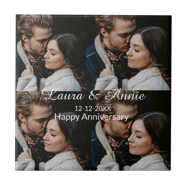 Happy anniversary photo collage name date simple w ceramic tile (Front)