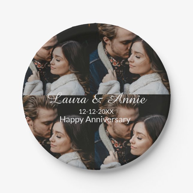 Happy anniversary photo collage name date simple w paper plate (Front)