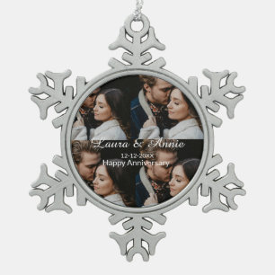 Happy anniversary photo collage name date simple w snowflake pewter christmas ornament