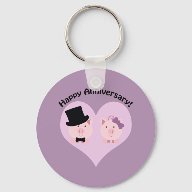 Happy Anniversary Pig couple Key Ring (Front)