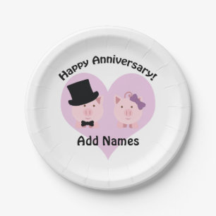 Happy Anniversary Pig couple Paper Plate