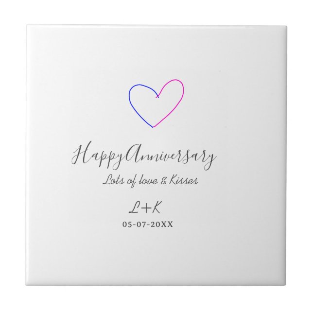 Happy anniversary pink blue heart name date simple ceramic tile (Front)