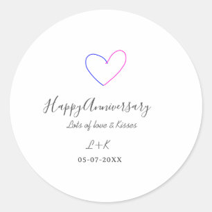 Happy anniversary pink blue heart name date simple classic round sticker