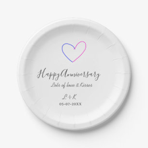 Happy anniversary pink blue heart name date simple paper plate