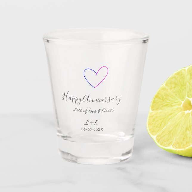 Happy anniversary pink blue heart name date simple shot glass (Front)