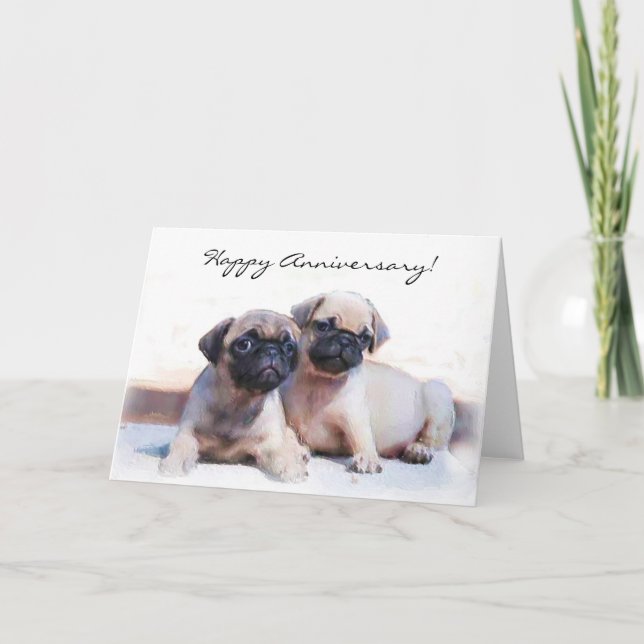 Happy Anniversary Pug puppies greeting card (Front)