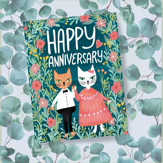 Happy Anniversary Purr-fect Pair Cats Floral Postcard (Happy Anniversary Purr-fect Pair Cute Cats Floral Postcard
)