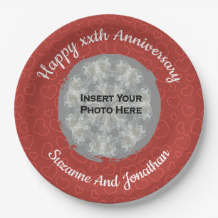 Happy Anniversary Red Hearts Personalised Photo Paper Plate