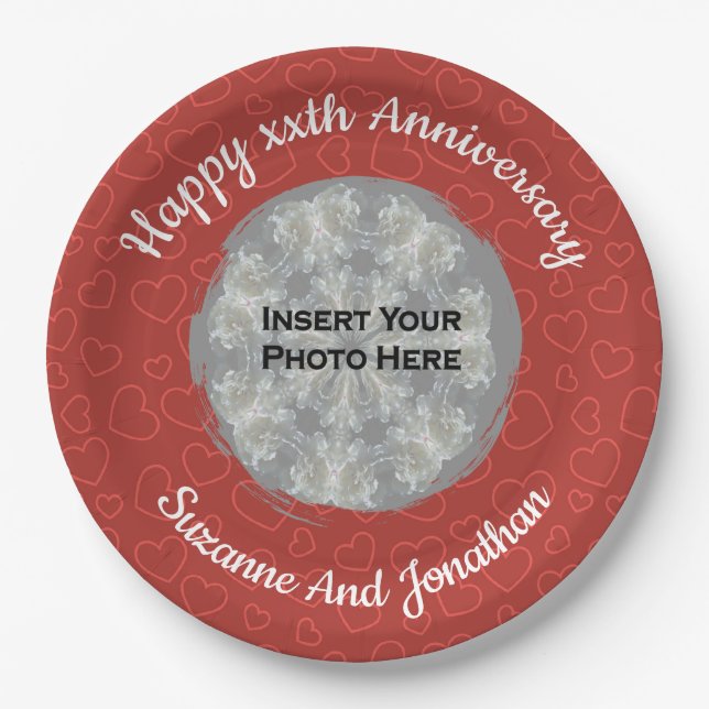 Happy Anniversary Red Hearts Personalised Photo Paper Plate (Front)