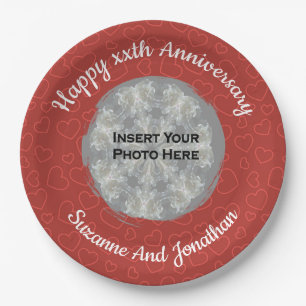 Happy Anniversary Red Hearts Personalized Photo Paper Plate
