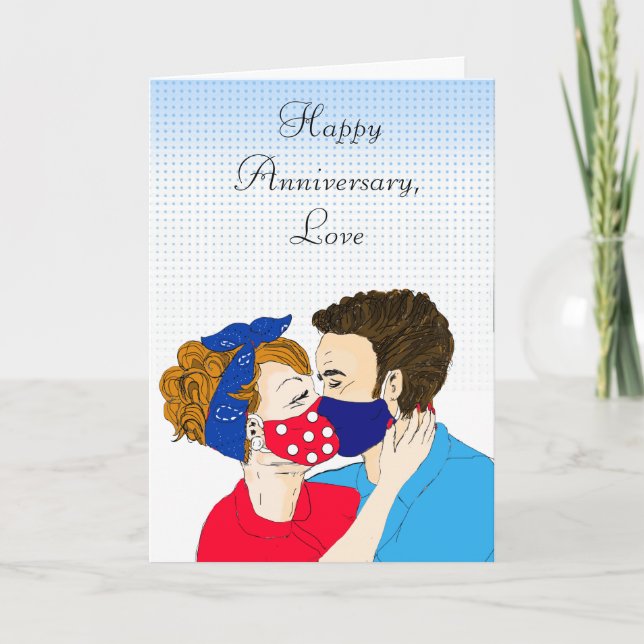 Happy Anniversary Retro Couple Kissing Facemasks Card (Front)