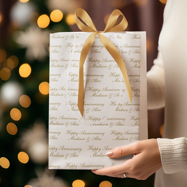 Happy Anniversary Script with Name White Gold Medium Gift Bag (Creator Uploaded)