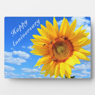 Happy Anniversary - Sunflower and Bees on Blue Sky Plaque