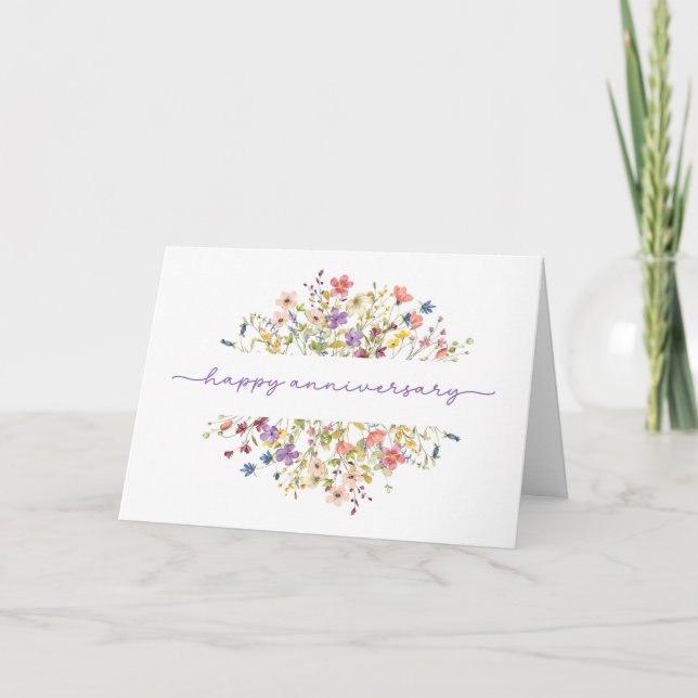 Happy Anniversary Surrounded Delicate Wildflowers Card (Front)