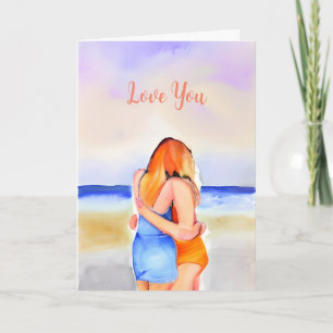 Happy Anniversary Two Woman Hugging at Beach Card