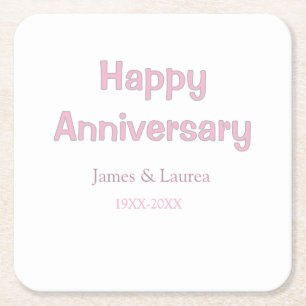 Happy anniversary wedding name date year pink grey square paper coaster