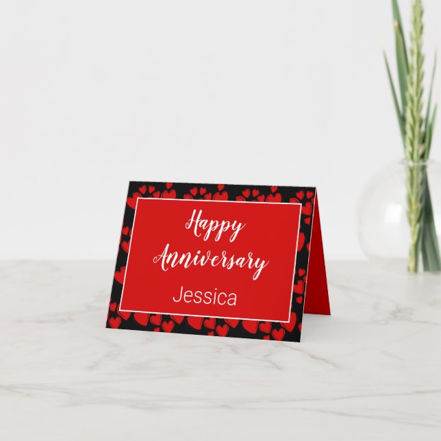 Happy Anniversary White Script Name Red Hearts Card (Front)