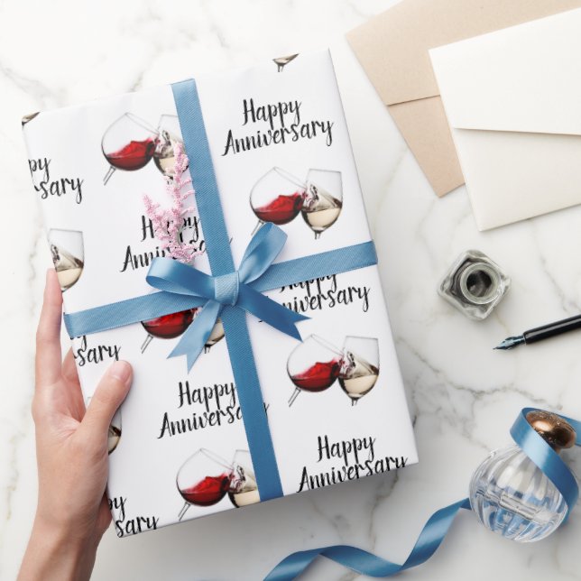 Happy Anniversary Wine Toast On White  Wrapping Paper (Gifting)