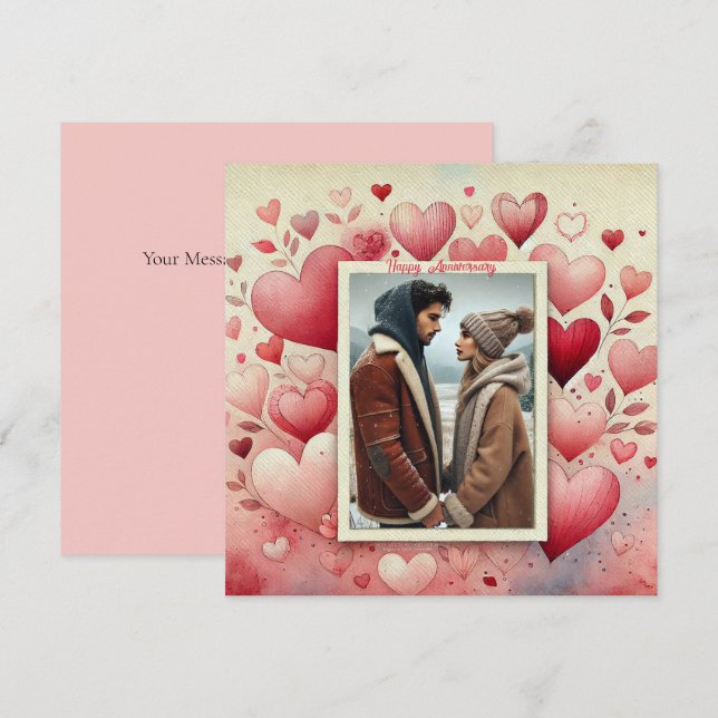 Happy Anniversary Your Photo Hearts Red Pink Cream Holiday Card (Front/Back)