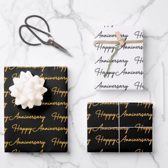 Happy AnniversaryGold Black Text Pattern Wrapping Paper Sheet (Front)