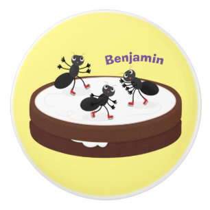 Happy ants ice skating on cookie cartoon ceramic knob