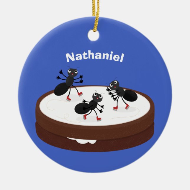 Happy ants ice skating on cookie cartoon ceramic ornament (Front)