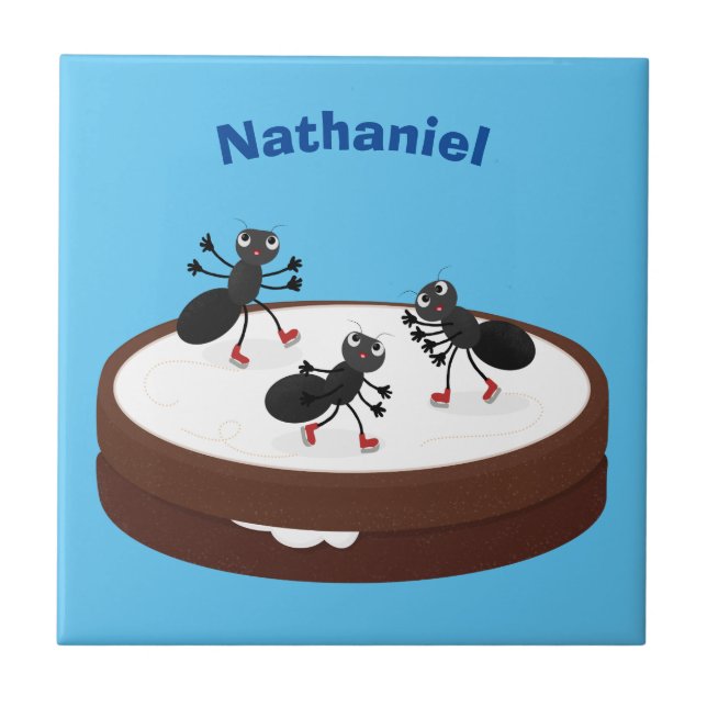 Happy ants ice skating on cookie cartoon ceramic tile (Front)