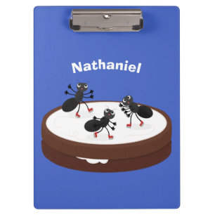 Happy ants ice skating on cookie cartoon clipboard
