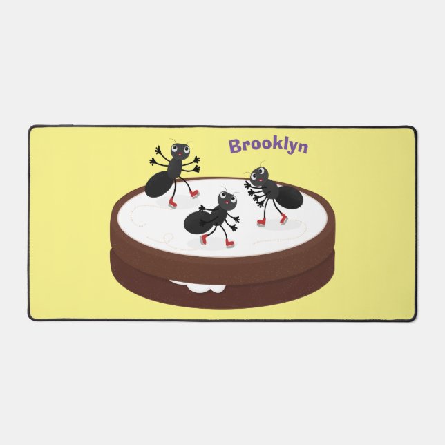 Happy ants ice skating on cookie cartoon desk mat (Front)