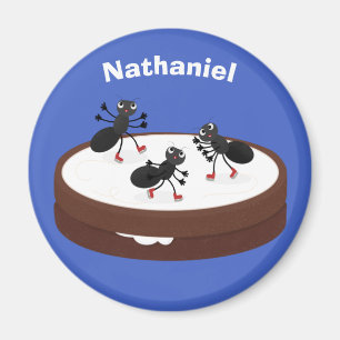 Happy ants ice skating on cookie cartoon magnet