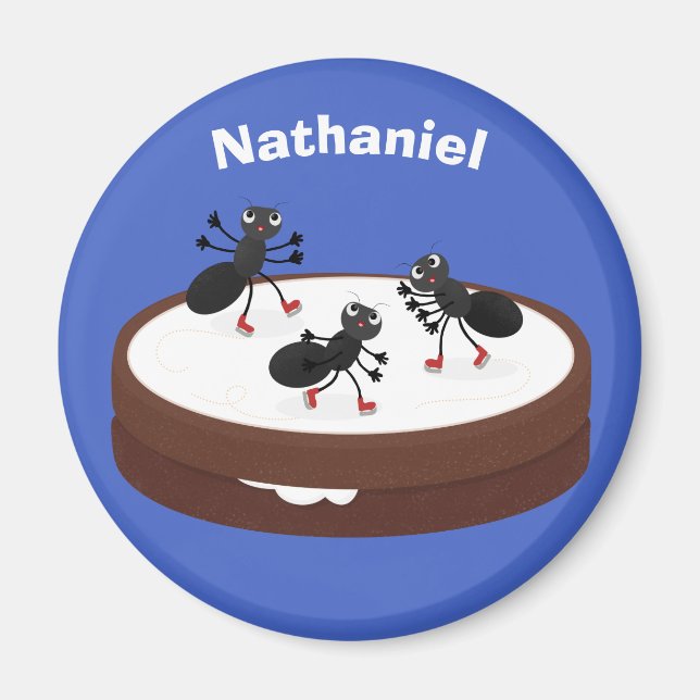 Happy ants ice skating on cookie cartoon magnet (Front)