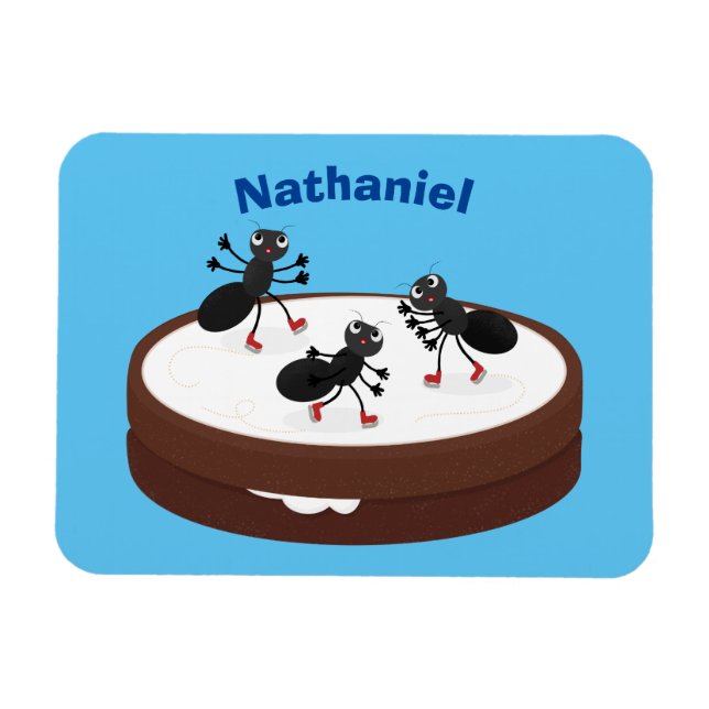Happy ants ice skating on cookie cartoon magnet (Horizontal)