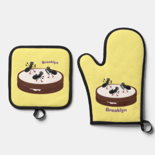 Happy ants ice skating on cookie cartoon oven mitt & pot holder set