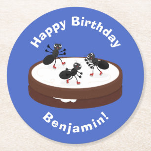 Happy ants ice skating on cookie cartoon round paper coaster