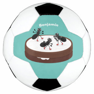 Happy ants ice skating on cookie cartoon soccer ball