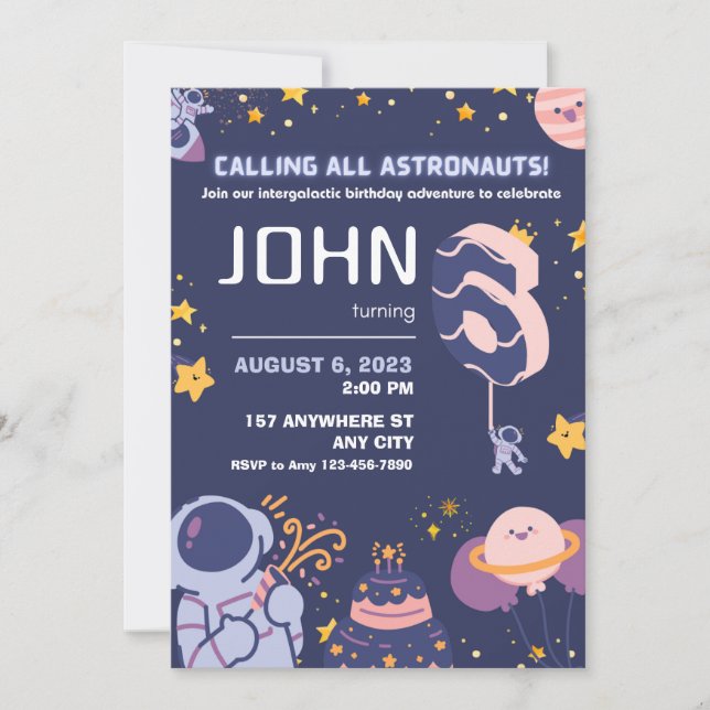 Happy Astronaut Boys 6th Birthday Personalised Invitation (Front)
